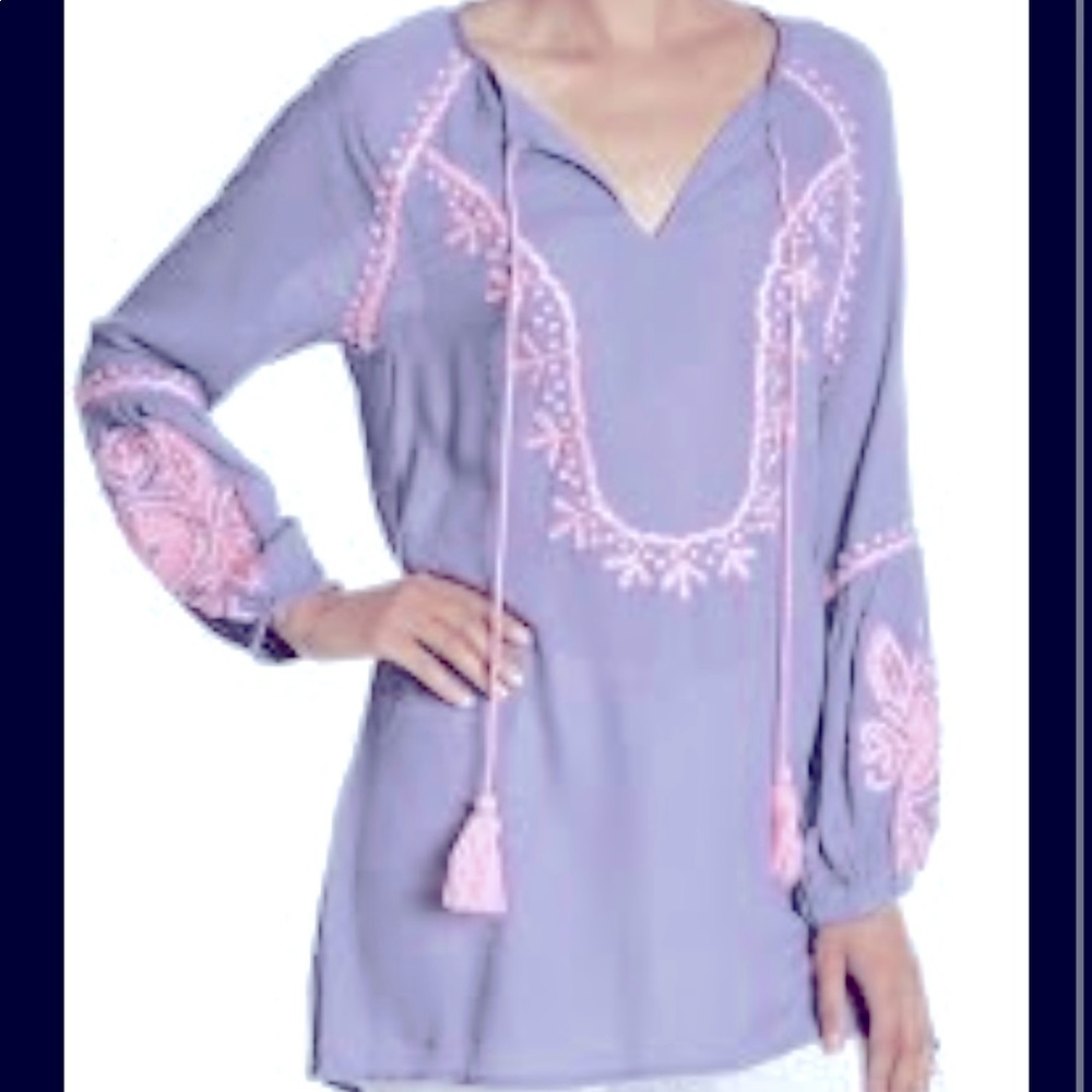 A&B•Blue Embroidered Tunic with Red Tassel Tie L